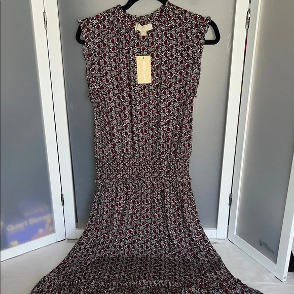 Michael Kors black maroon dress high neck smocked waist ruffed hem size M - Picture 1 of 7